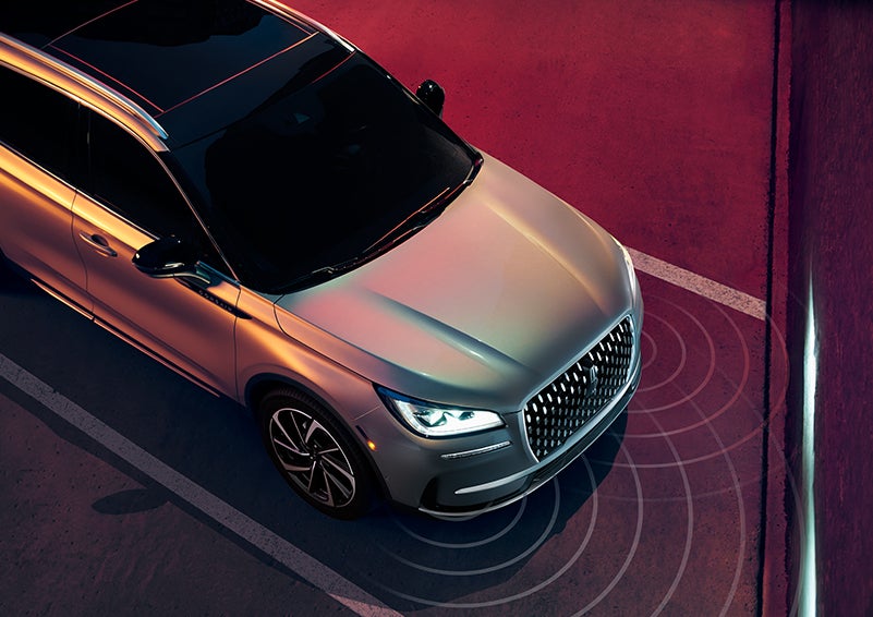 Illustrated radar signals are shown emitting from the front of a 2023 Lincoln Corsair® SUV. | Angela Krause Lincoln of Alpharetta in Alpharetta GA