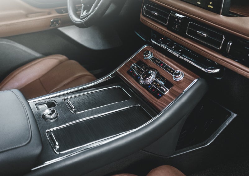The front center console of a 2024 Lincoln Aviator® SUV is shown | Angela Krause Lincoln of Alpharetta in Alpharetta GA