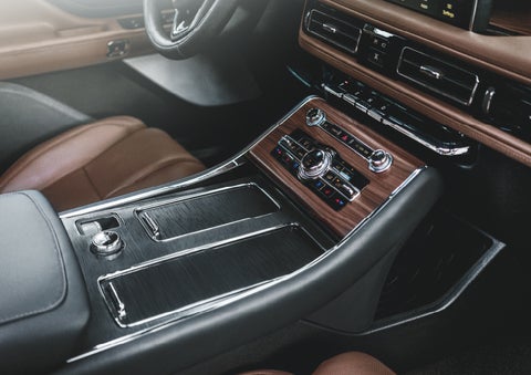The front center console of a 2024 Lincoln Aviator® SUV is shown | Angela Krause Lincoln of Alpharetta in Alpharetta GA