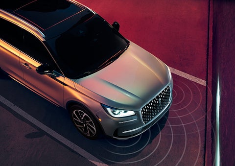 Illustrated radar signals are shown emitting from the front of a 2024 Lincoln Corsair® SUV. | Angela Krause Lincoln of Alpharetta in Alpharetta GA