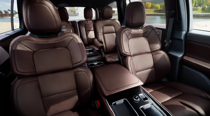 The cabin of the 2025 Lincoln Aviator® SUV is shown with black and brown accents. | Angela Krause Lincoln of Alpharetta in Alpharetta GA