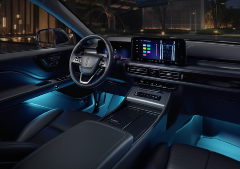 Deep blue ambient lighting glows from various places within a 2025 Lincoln Aviator® SUV. | Angela Krause Lincoln of Alpharetta in Alpharetta GA