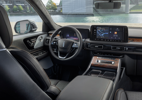The interior of the 2025 Lincoln Aviator® SUV is shown parked with a view of a harbor through the windshield. | Angela Krause Lincoln of Alpharetta in Alpharetta GA