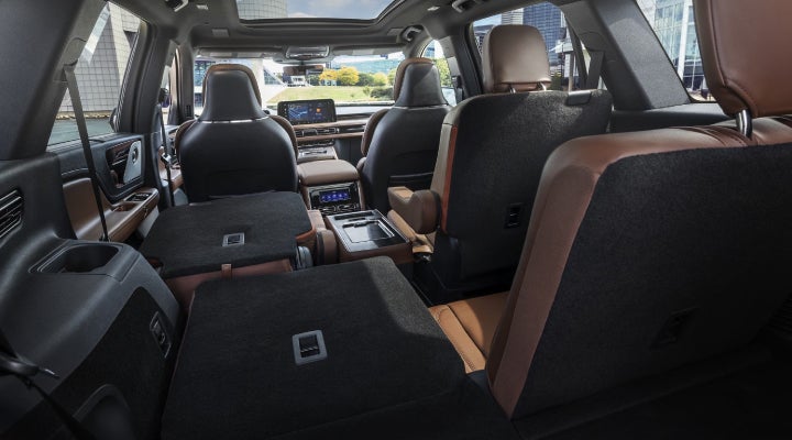 One side of the PowerFold® third-row seat and a second-row seat are folded forward in the 2026 Lincoln Aviator® SUV. | Angela Krause Lincoln of Alpharetta in Alpharetta GA