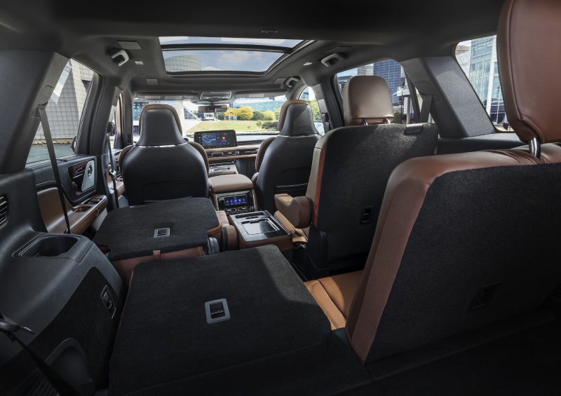 One side of the PowerFold® third-row seat and a second-row seat are folded forward in the 2026 Lincoln Aviator® SUV. | Angela Krause Lincoln of Alpharetta in Alpharetta GA